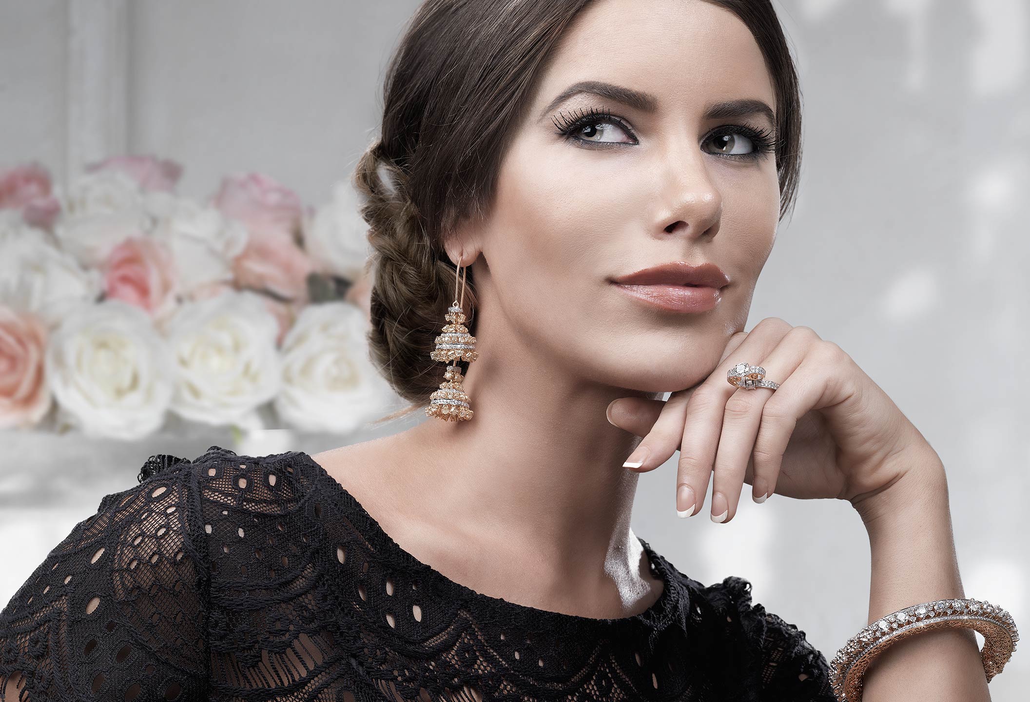 Jewelry model photography on set for LSZ Jewellers Dubai