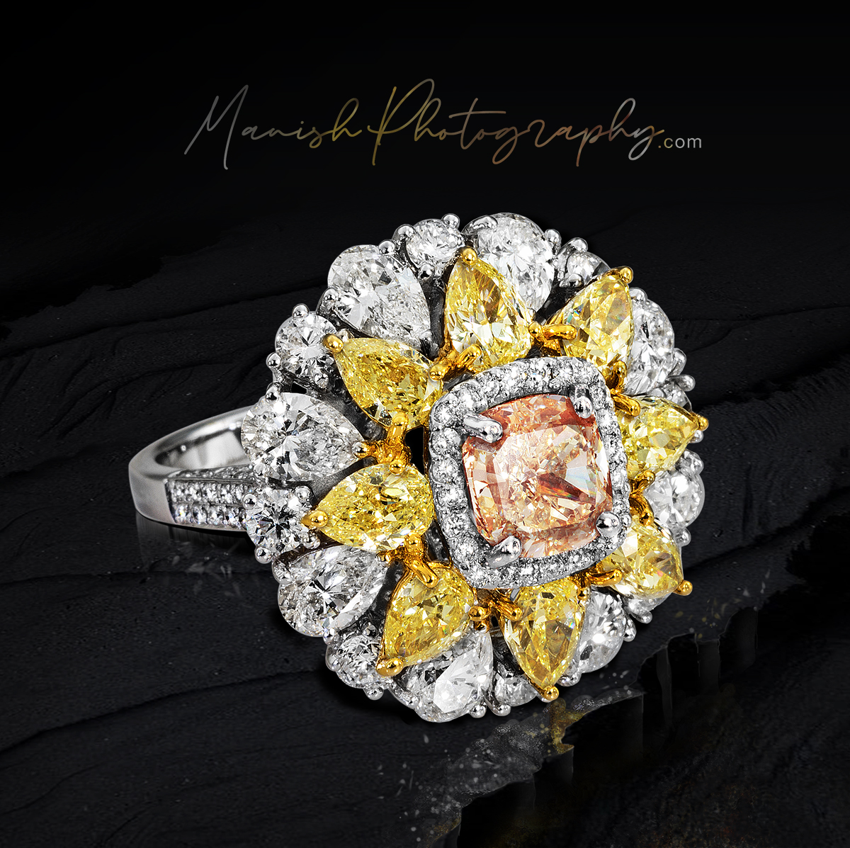 white and yellow diamond studded ring jewellery mood shot by manish photography