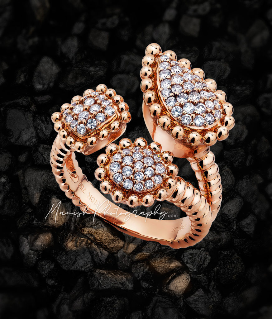 Rose gold and diamond ring jewellery mood shot by jewellery photographer in Mumbai