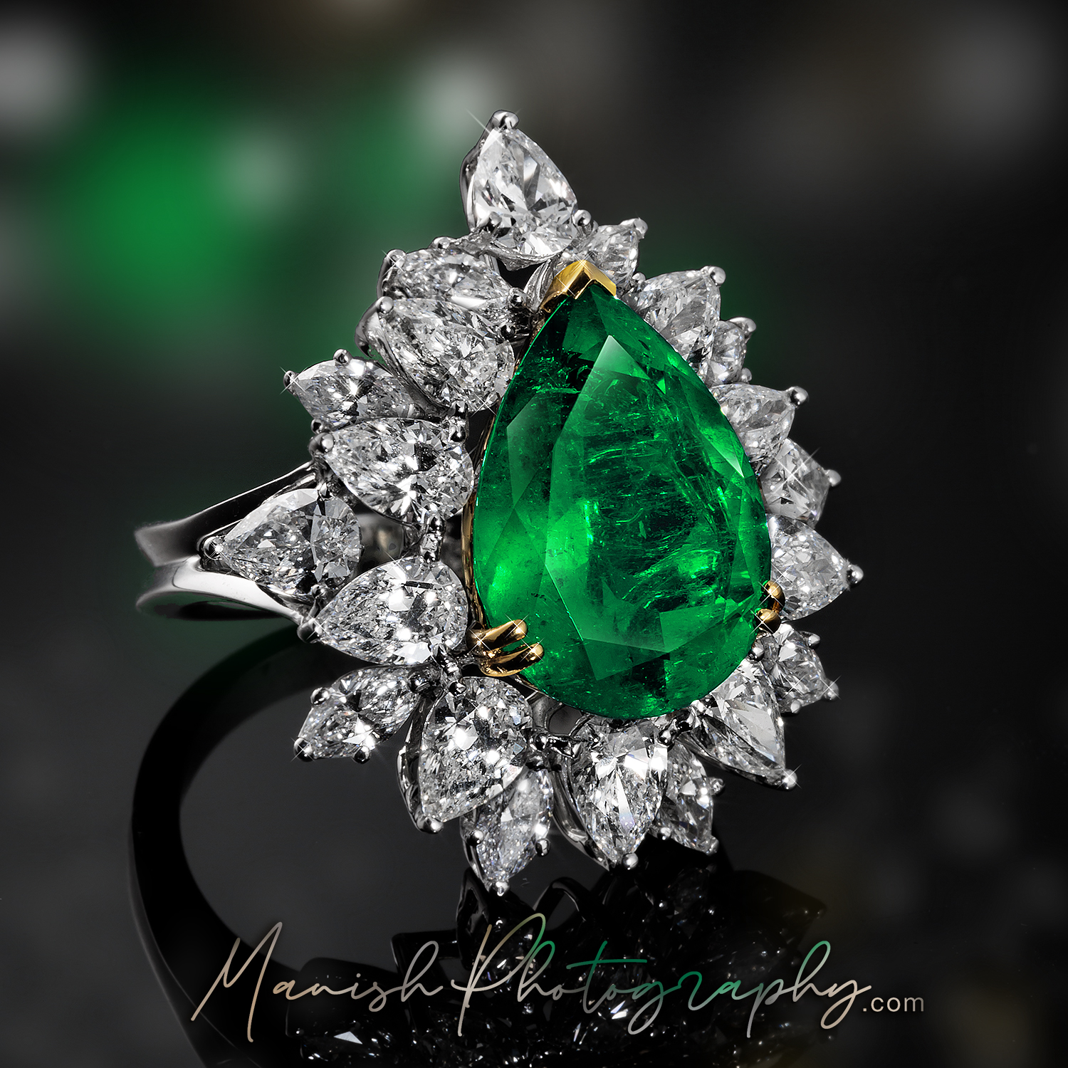 Green and White diamond ring jewellery mood shot shot 