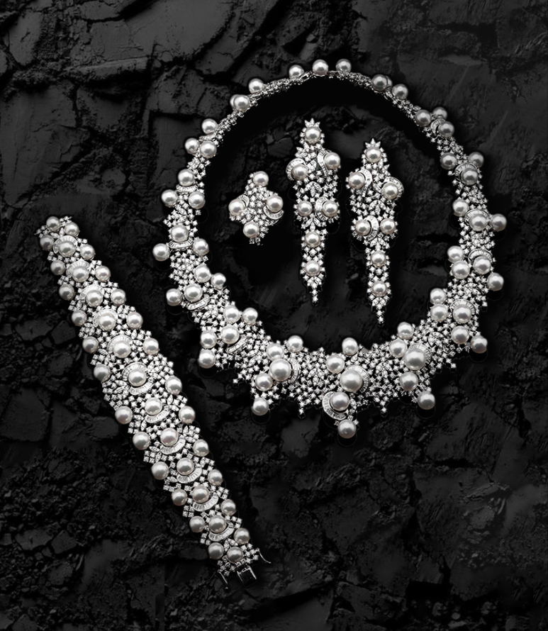 white gold and pearl jewellery set shot by jewellery photographer in mumbai